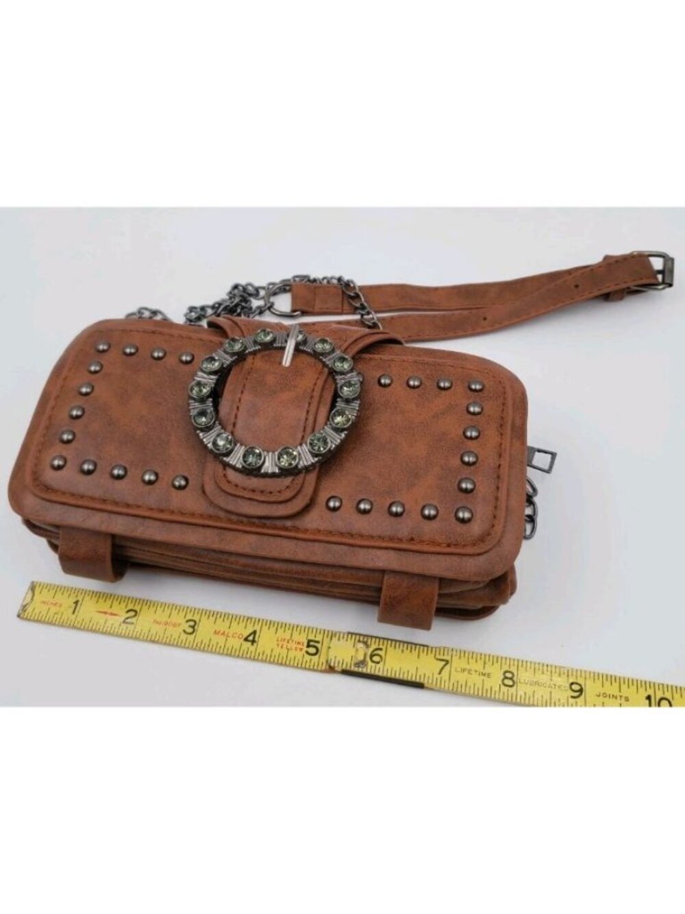 Brown Small Crossbody Wallet Bag, Zip Closure, Studded Hardware, Inner Pockets - Picture 7 of 8